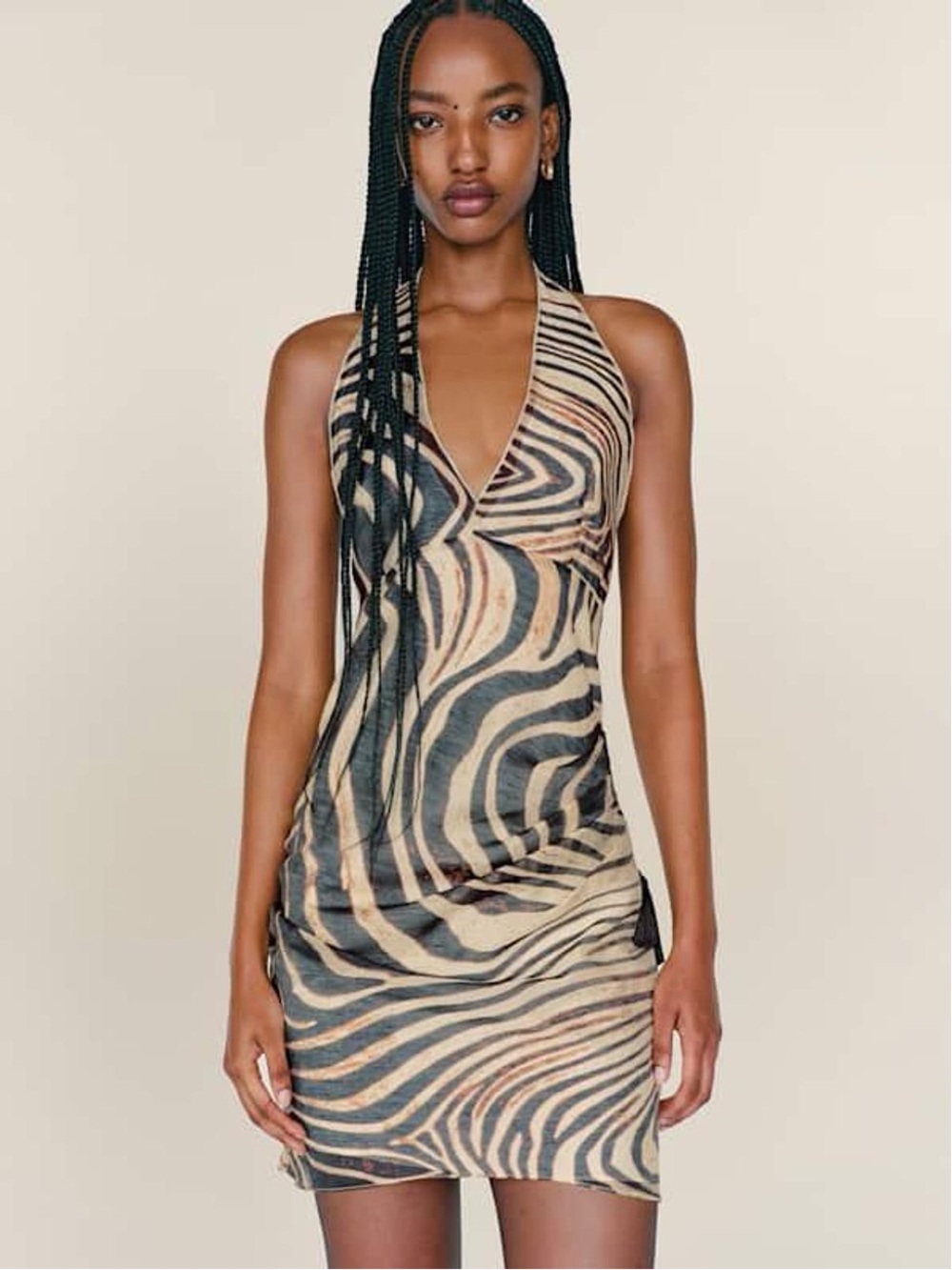 New Reformation x Camille Rowe Zebra-Print Halter Mini Dress Beige Black Linen